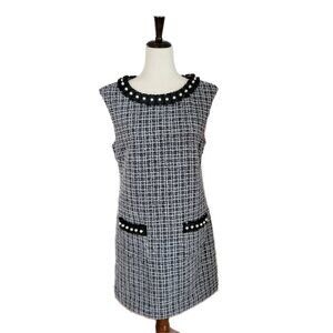 Twee Black and White Plaid Boucle Tweed Dress Faux Pearl Trim Pockets Size Med